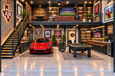 Texas A&M themed man cave garage with red Porsche, pool table, mezzanine bar, and sports memorabilia