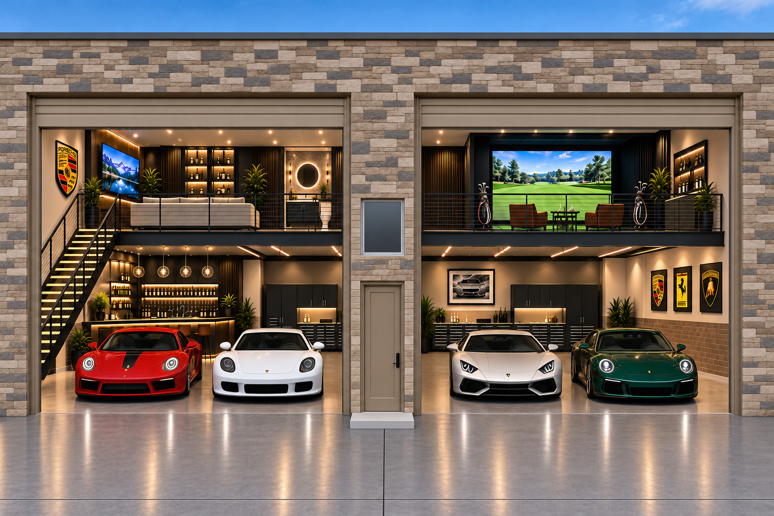 Twin luxury garage bays with lounge areas, golf simulators, and sports cars