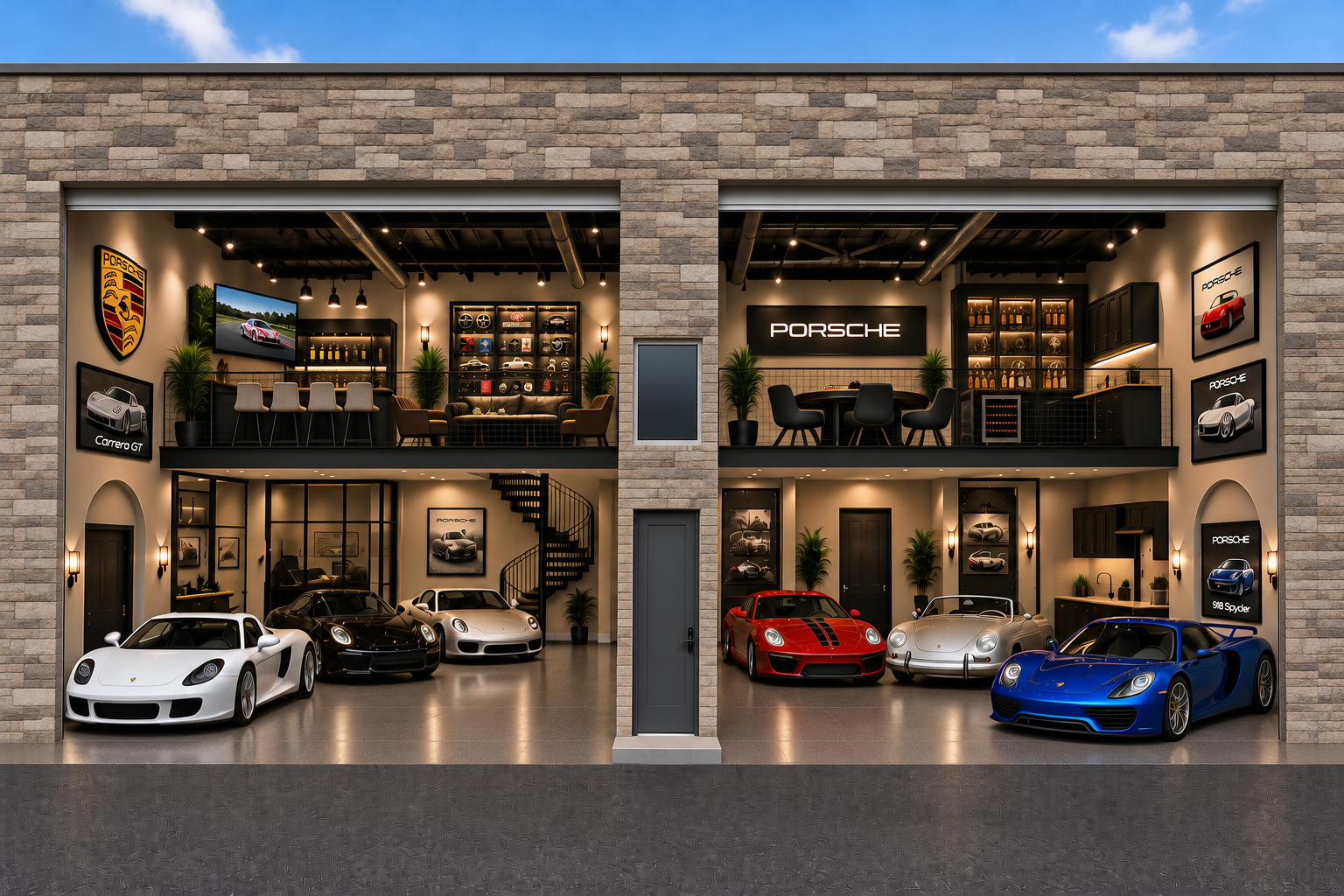 Dual Porsche garage exterior with collector cars and upstairs lounges