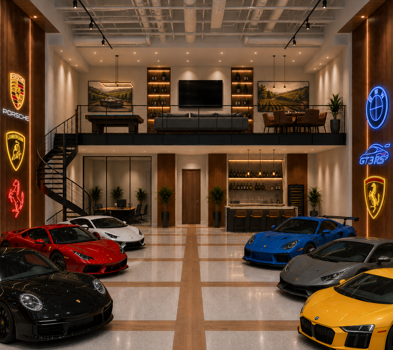 Multi-brand luxury garage with Porsche, Lamborghini, Ferrari, and BMW neon signs and mezzanine lounge
