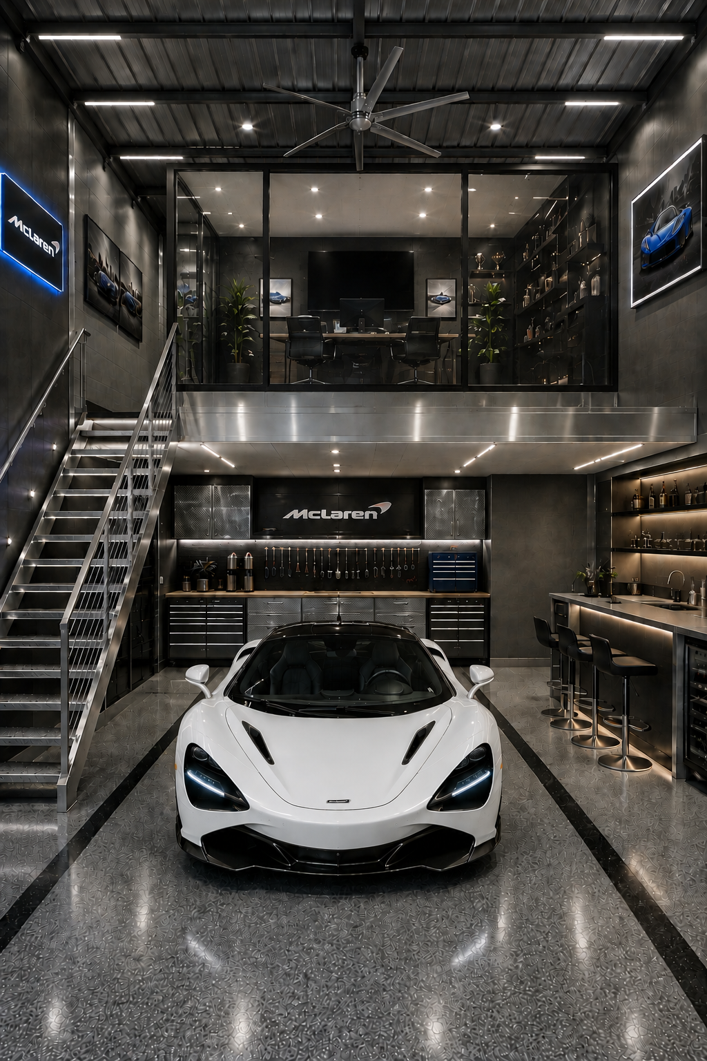 McLaren showroom with white McLaren 720S, mezzanine office, and bar