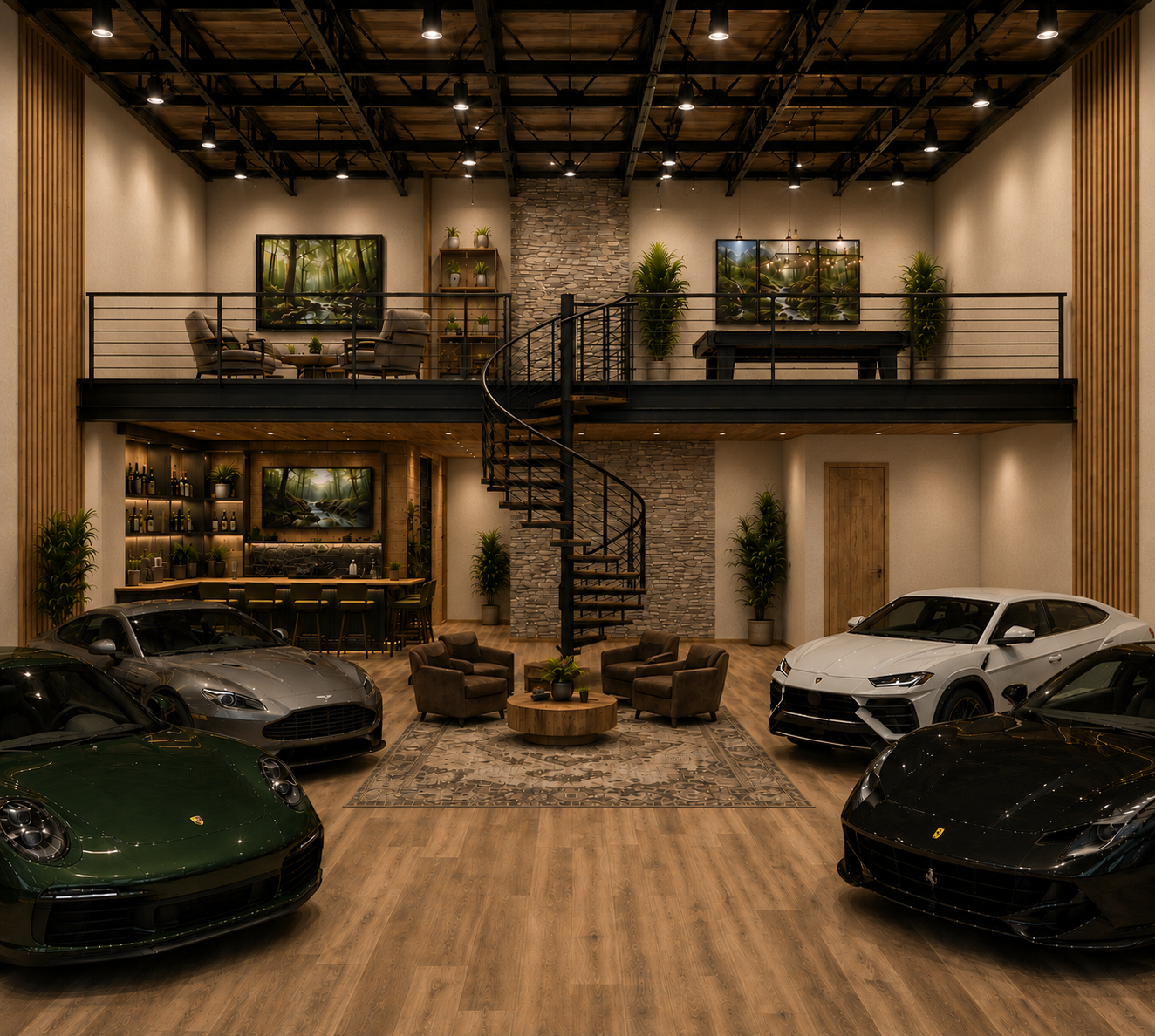 Natural outdoors luxury garage with Aston Martin, Lamborghini, Porsche, and Ferrari on hardwood floors