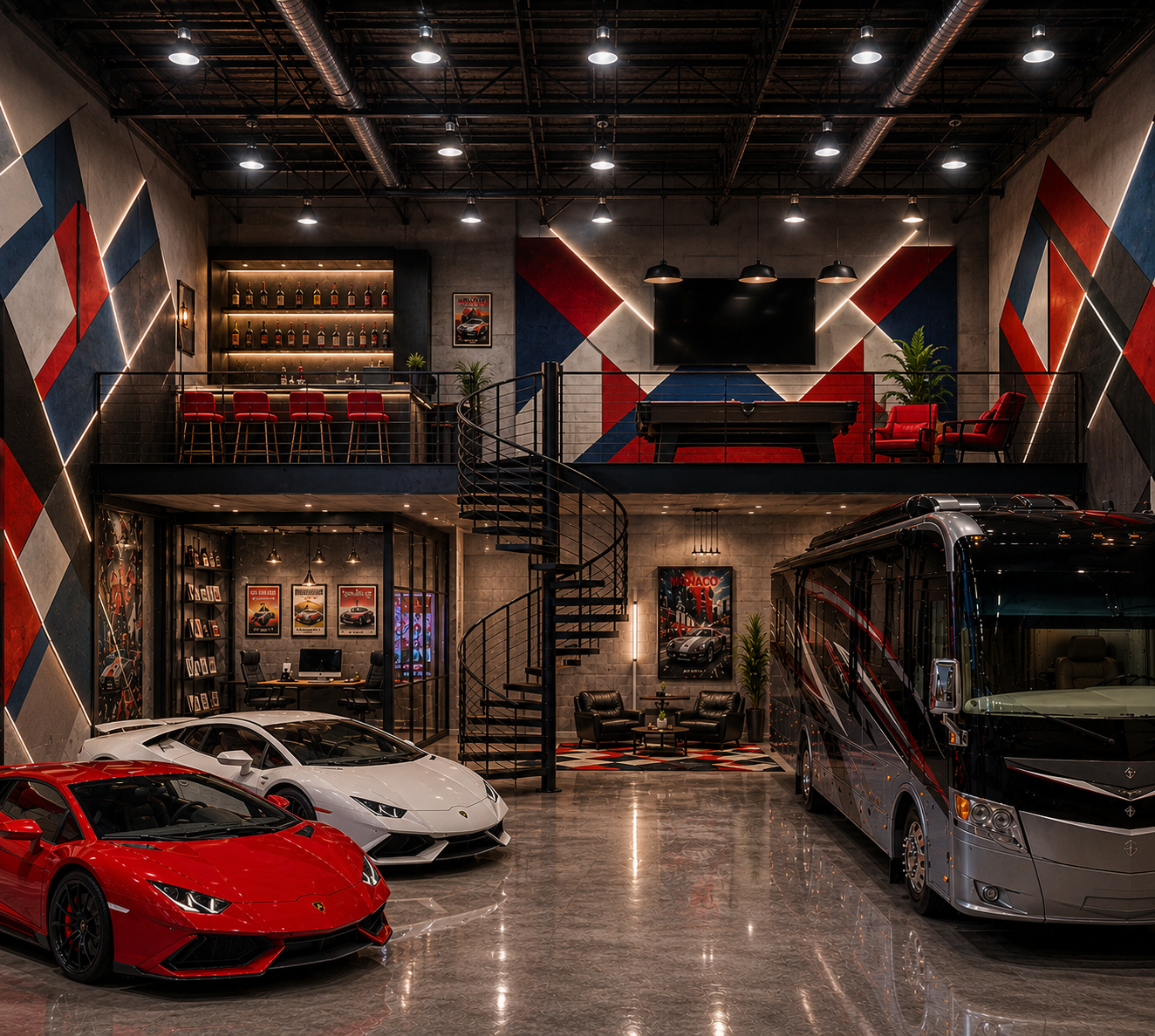 Red, white and blue geometric luxury garage with Lamborghini, RV, and mezzanine lounge