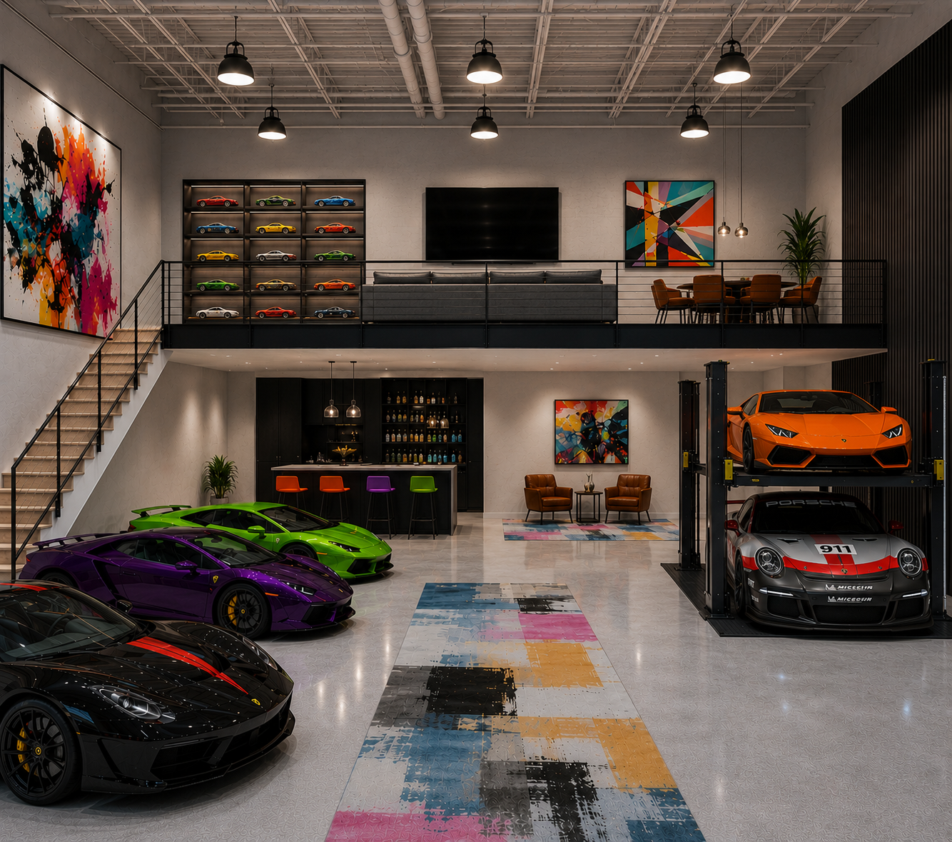 Colorful luxury garage with Lamborghini collection, car lifts, and vibrant art
