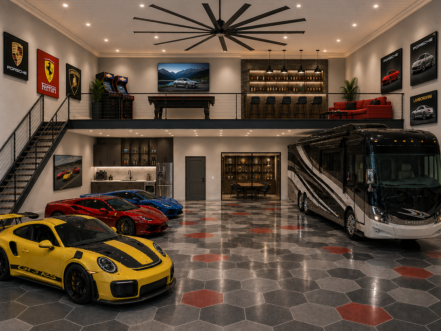 Luxury garage with Porsche GT2RS, Ferrari, Lamborghini, RV, and mezzanine bar