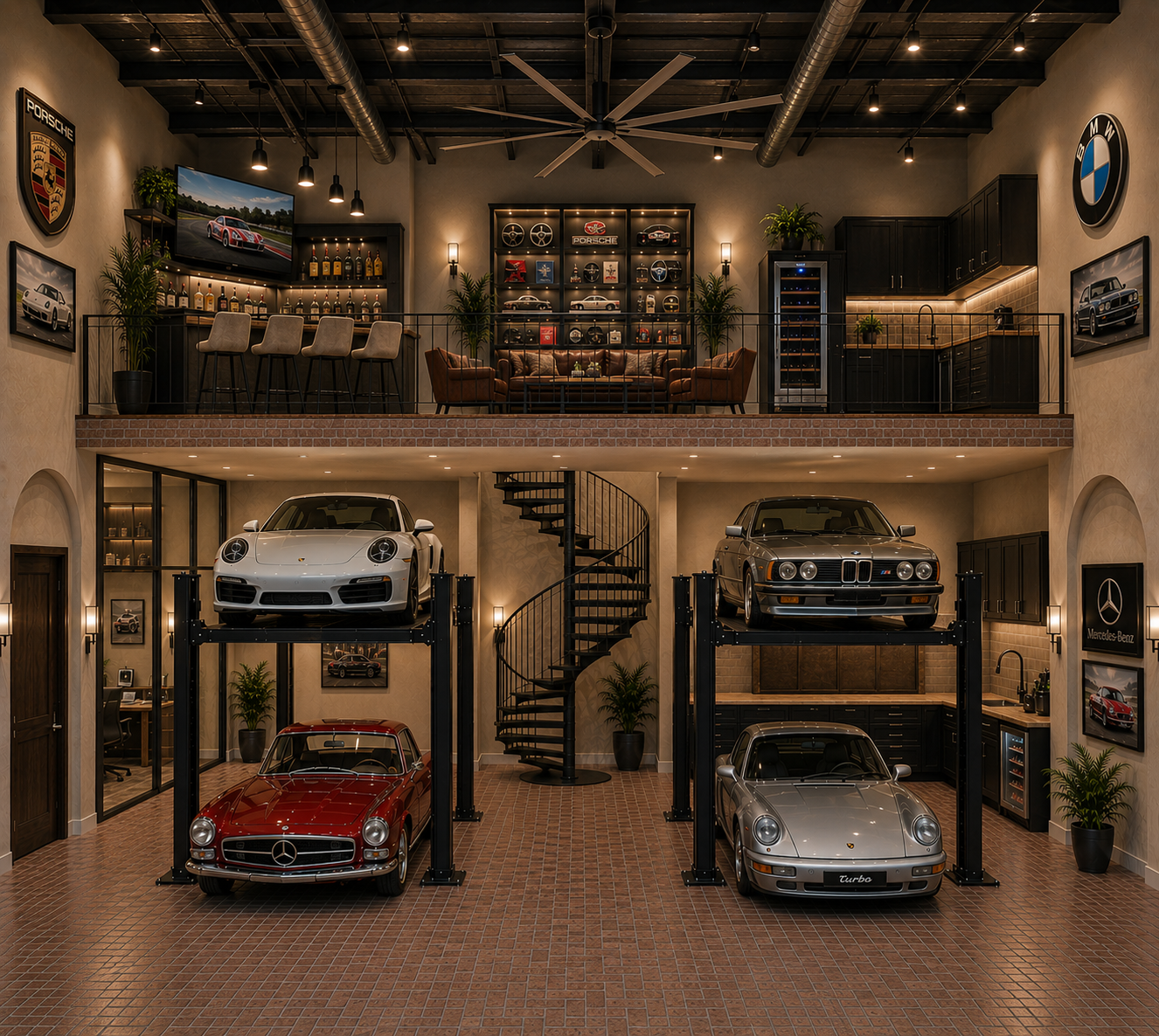 German quad luxury garage with Porsche, BMW, Mercedes on car lifts and mezzanine lounge