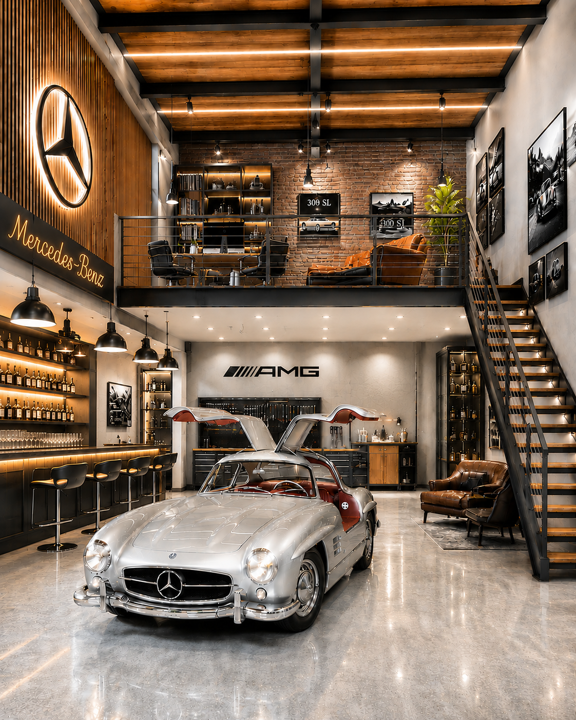Mercedes-Benz Gullwing 300SL garage with AMG branding, bar, and mezzanine office