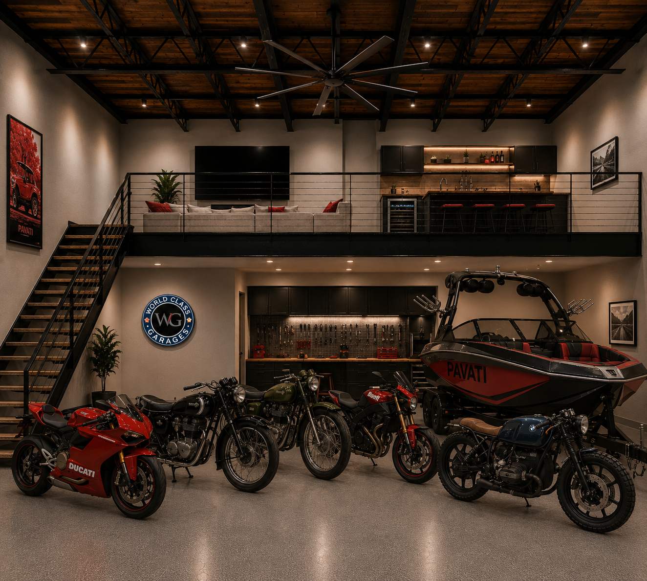 WorldClass Garages luxury unit with Ducati motorcycles, Pavati boat, and mezzanine lounge with bar