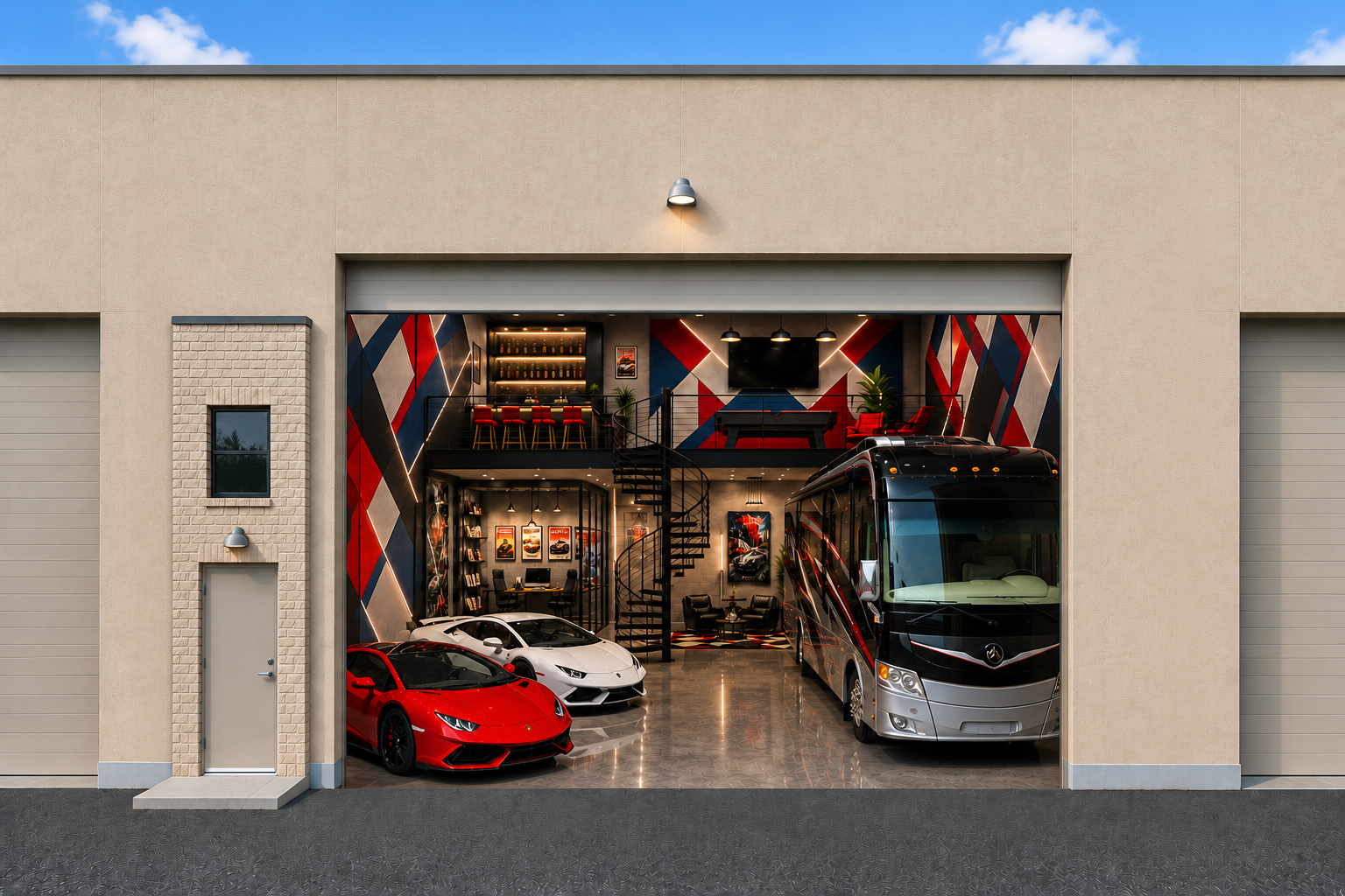 Red, white, and blue luxury garage exterior with a coach bus and sports cars