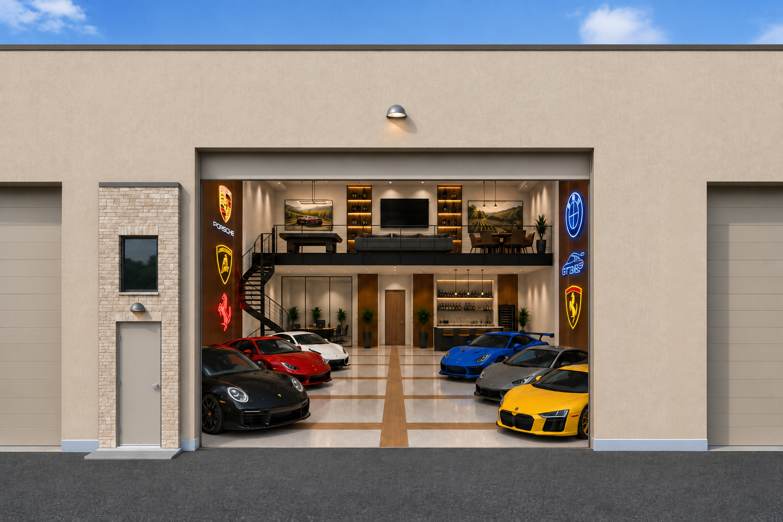 Luxury multi-car garage exterior with an elevated lounge and automotive displays