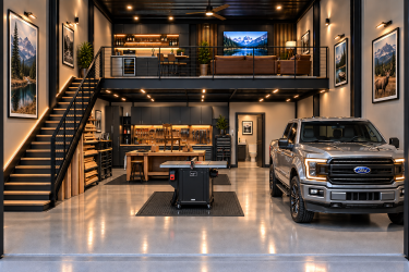 Luxury truck garage with workshop, mezzanine lounge, bar, and mountain landscape art