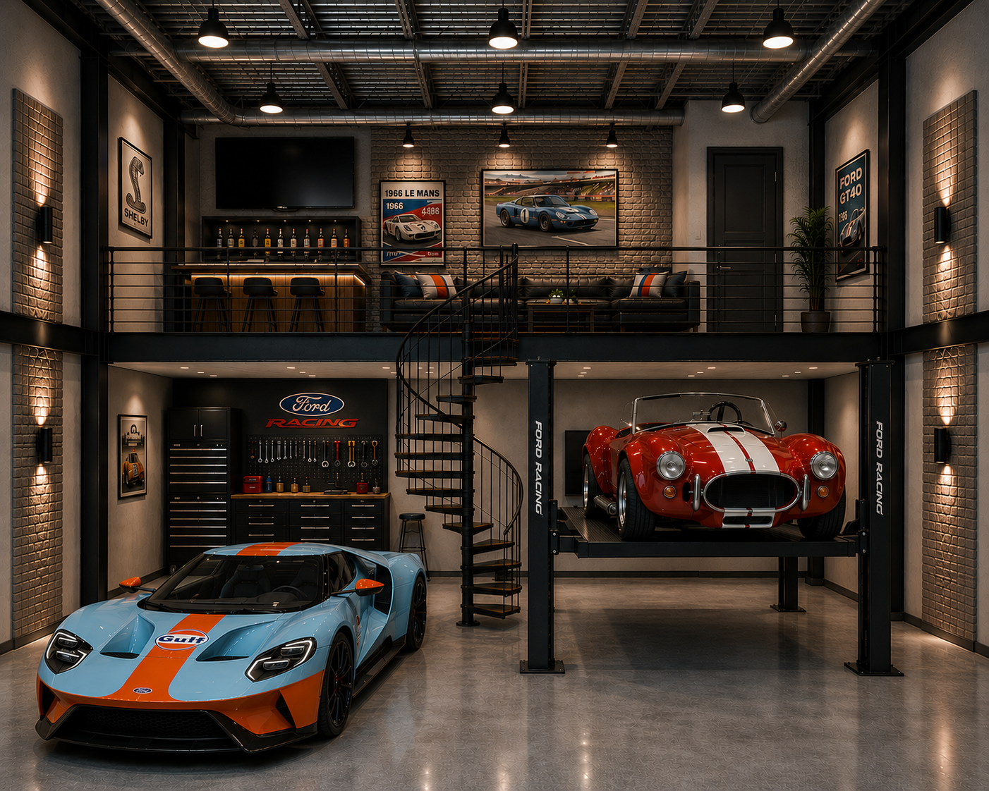 Ford GT and Shelby Cobra collection garage with racing memorabilia and mezzanine lounge