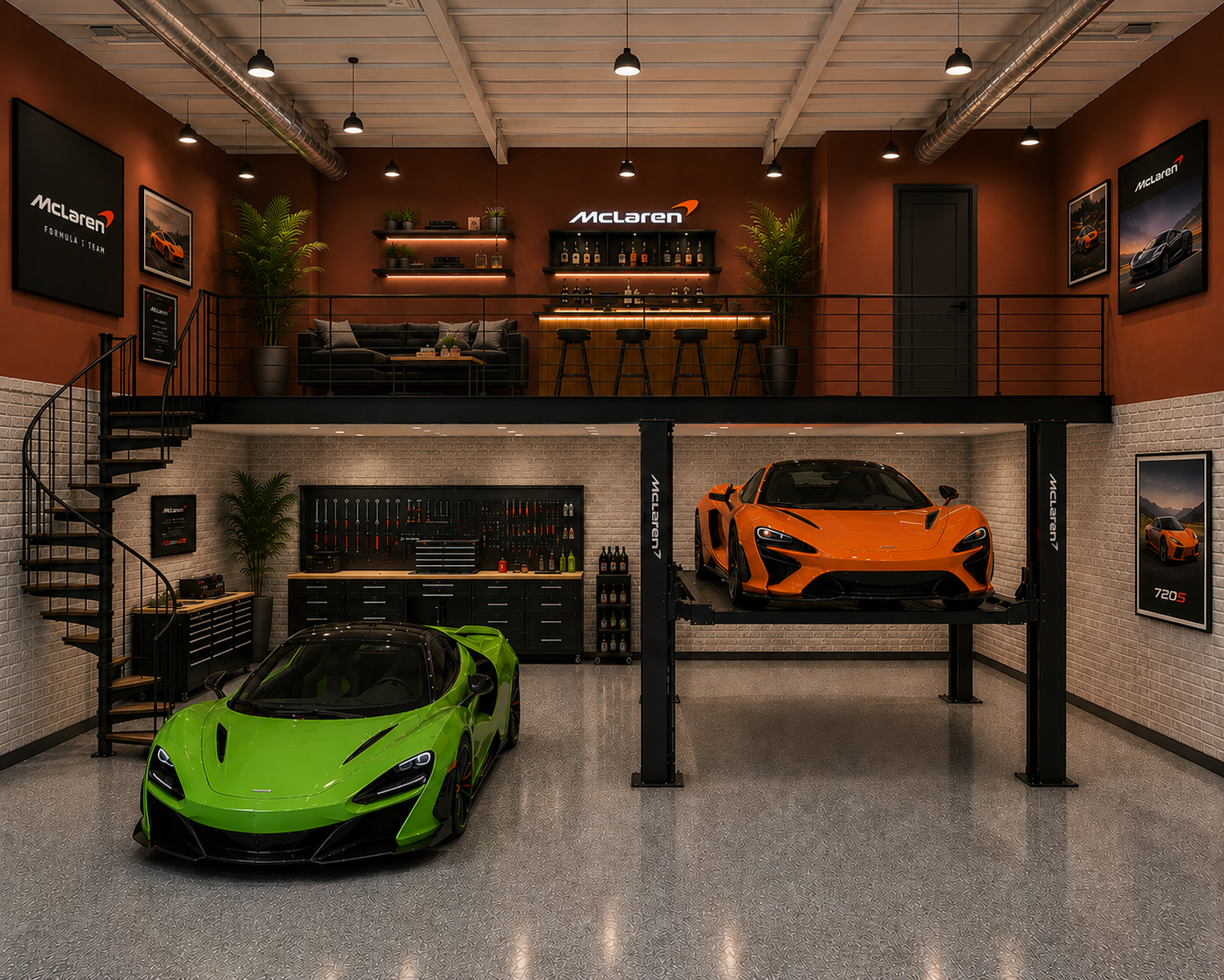 McLaren 720S and Artura garage with lift, mezzanine bar and Formula 1 branding