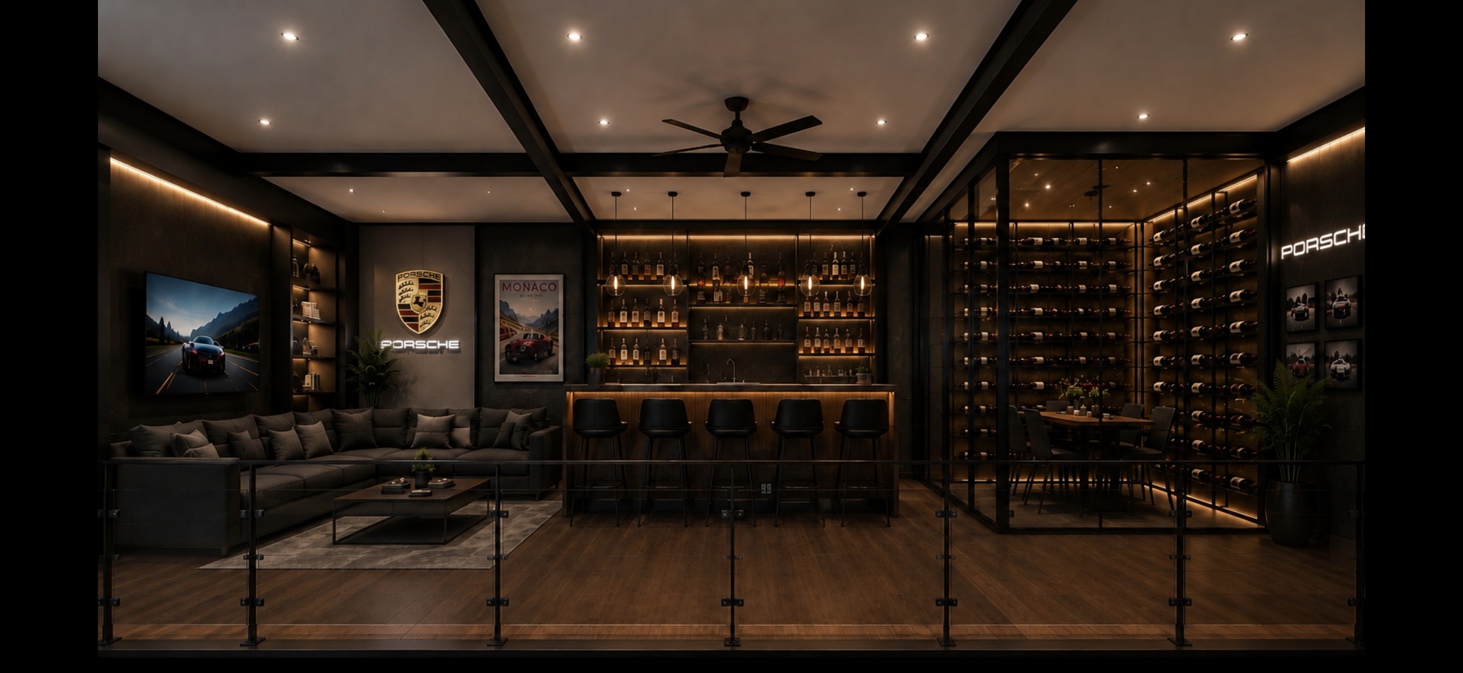 Luxury mezzanine lounge area above garage